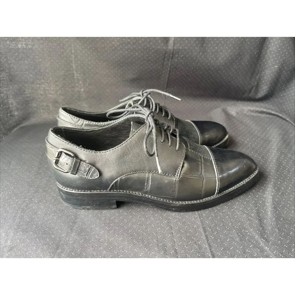 Coach Women Waverly Patchwork Ankle-High Oxford Shoe Black Croc/Calf Leather 6B